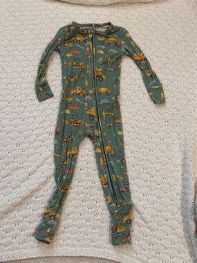 Posh Peanut Green Construction Vehicle Print Footed One-Piece